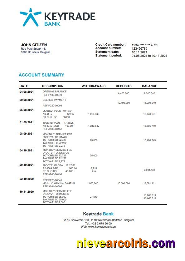 Belgium Keytrade bank statement in Word and PDF format